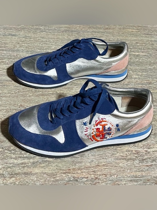 Tory Burch Shoes - Tory Burch Silver/ Navy/ Sea Victorian Brielle Leather & Suede Sneakers